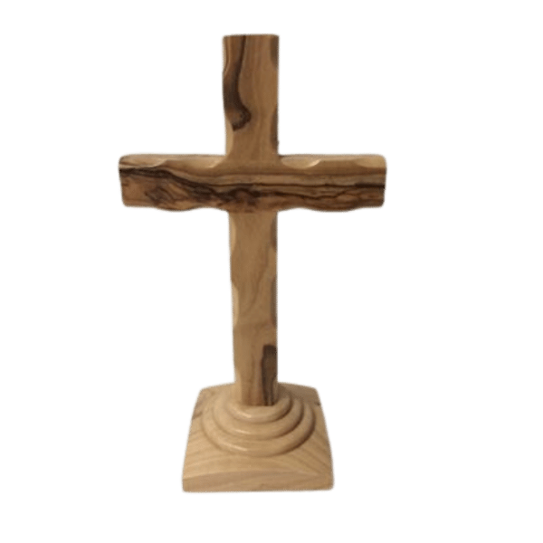 OLIVE WOOD SCALLOPED EDGE CROSS ON STAND 12CM