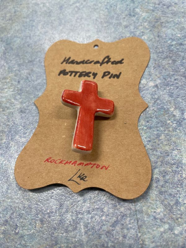 POTTERY CROSS PIN RED