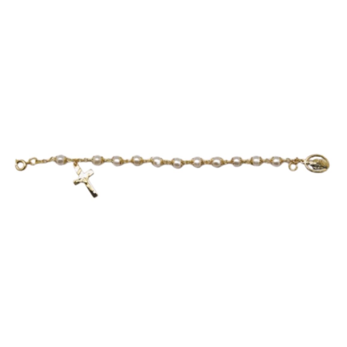 ROSARY BRACELET WITH IMITATION, GOLD CAPPED, PEARL BEADS AND A MIRACULOUS MEDAL