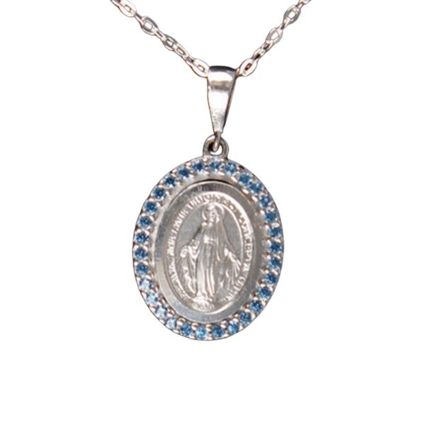 MEDAL OUR LADY &amp; CHAIN SET STERLING SILVER - BLUE