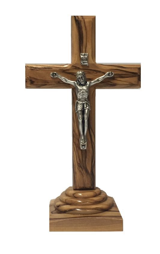 OLIVE WOOD LATIN PLAIN CRUCIFIX ON STAND 12CM