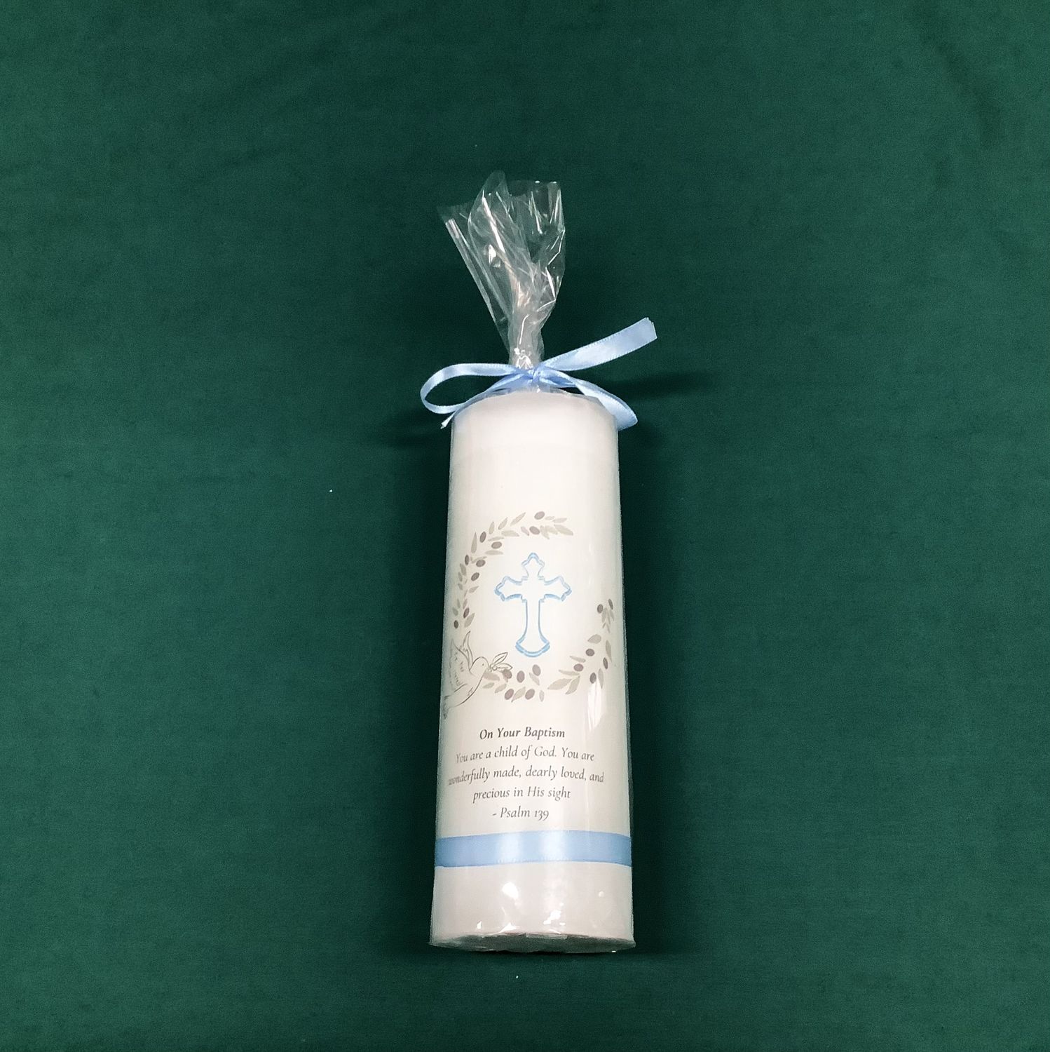 BAPTISM CANDLE - BLUE OUTLINE CROSS