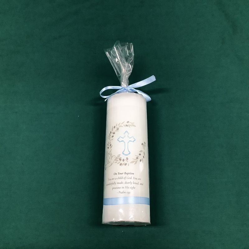 BAPTISM CANDLE - BLUE OUTLINE CROSS