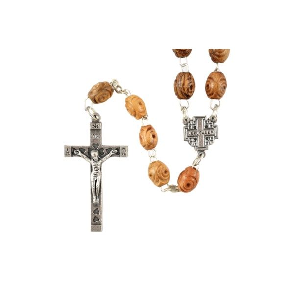 OLIVE WOOD ROSARY CARVED BEAD/CROSS CENTRE/METAL CRUCIFIX 4CM (BOXED)