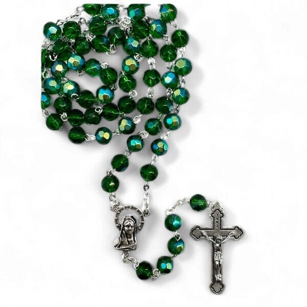 ROSARY BEADS GLASS WITH 6MM GREEN BEAD BOXED