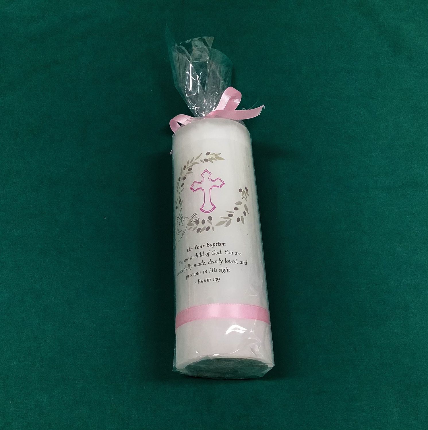 BAPTISM CANDLE - PINK OUTLINE CROSS