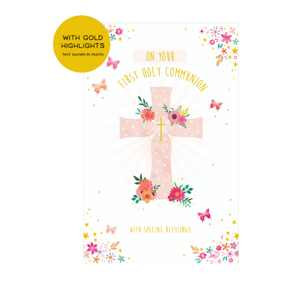 CD - COMMUNION CARD PINK CROSS WITH GOLD HIGHLIGHTS