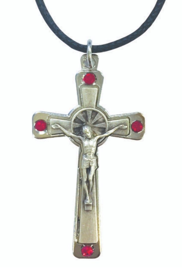 SILVER METAL CRUCIFIX ON CORD - RED