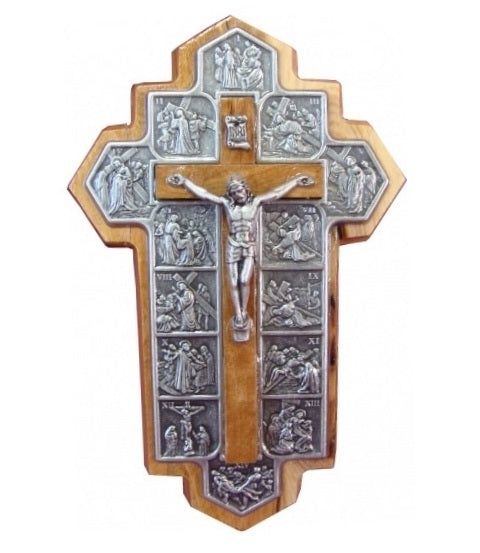 OLIVE WOOD CRUCIFIX WITH 14 STATIONS 14CM