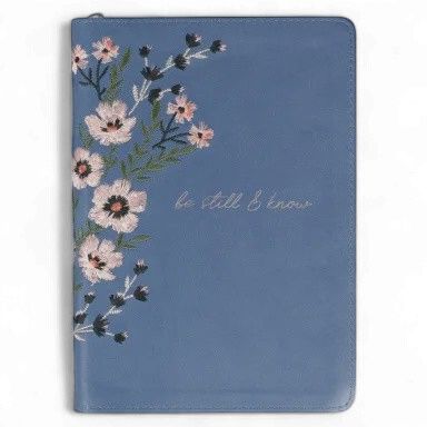 EMBROIDERED JOURNAL ZIPPERED: BE STILL &amp; KNOW (BLUE FLORAL)