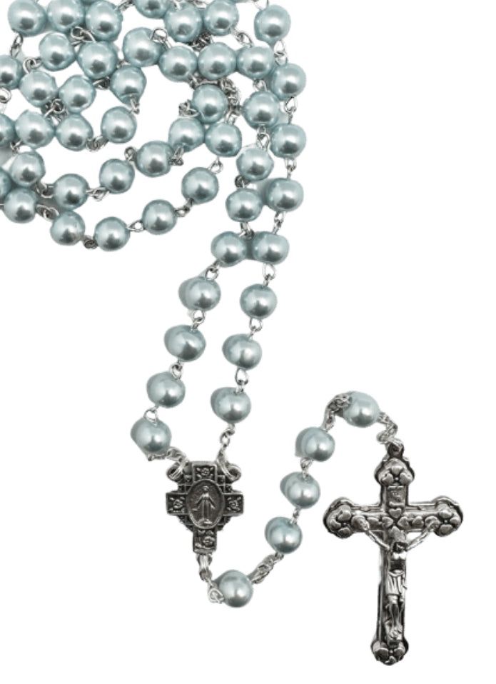 ROSARY WITH IMITATION PEARL BEADS BLUE