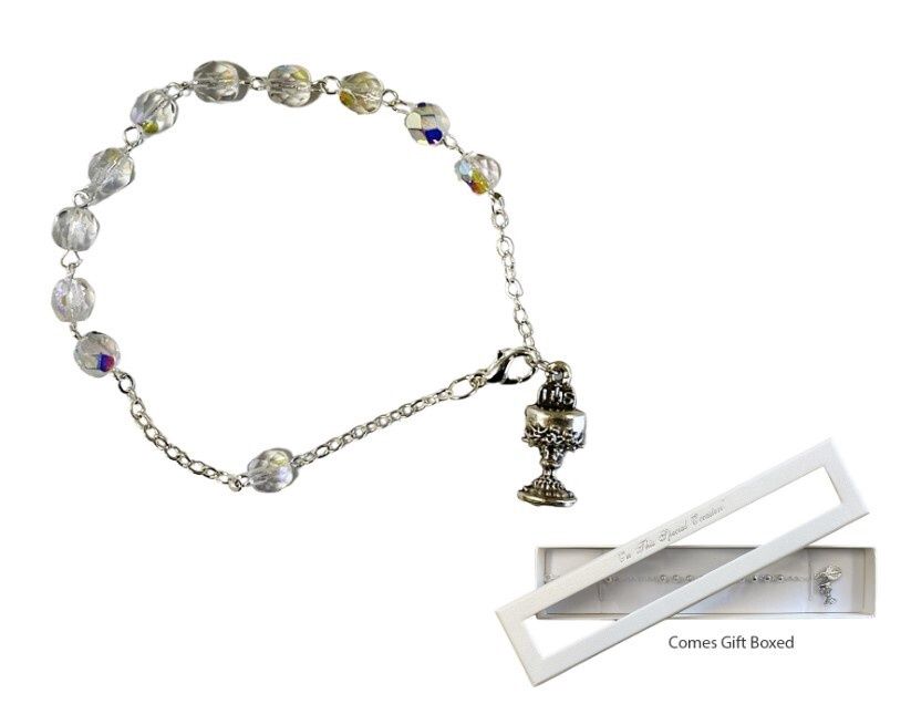 COMMUNION ROSARY BRACELET GIFT BOXED CLEAR GLASS