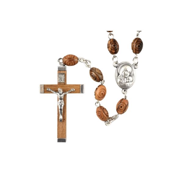 OLIVE WOOD ROSARY CARVED BEAD/MARY CENTRE/WOOD CRUCIFIX 4 CM (BOXED)