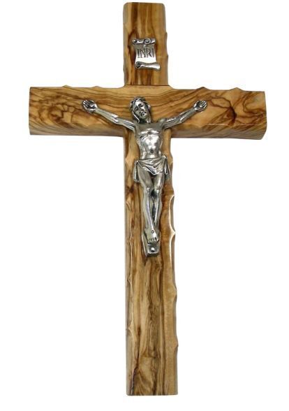 OLIVE WOOD SCALLOPED EDGE CRUCIFUX METAL BODY 25CM