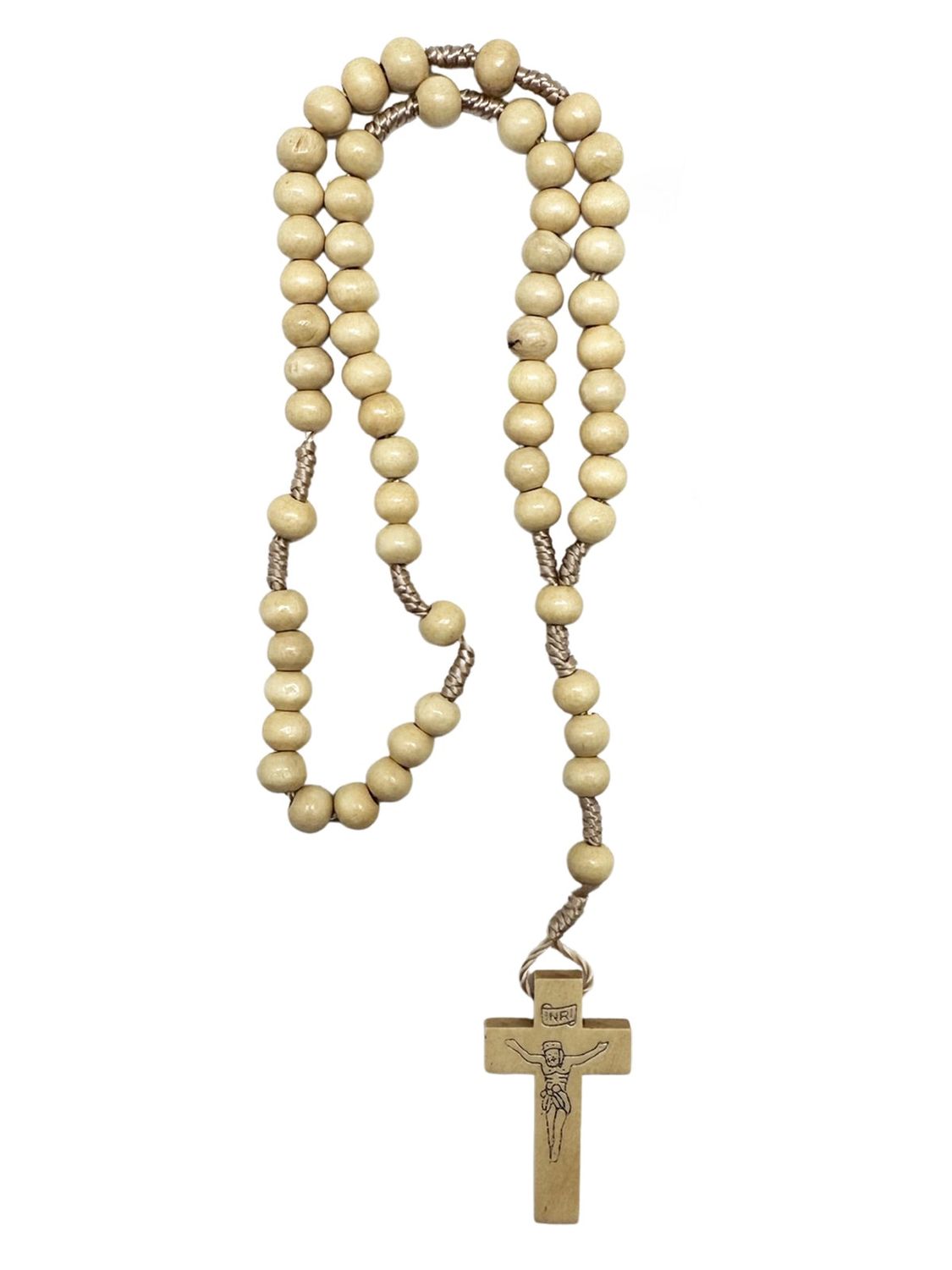 ROSARY WITH NATURAL WOOD BEADS AND ROPE CORD