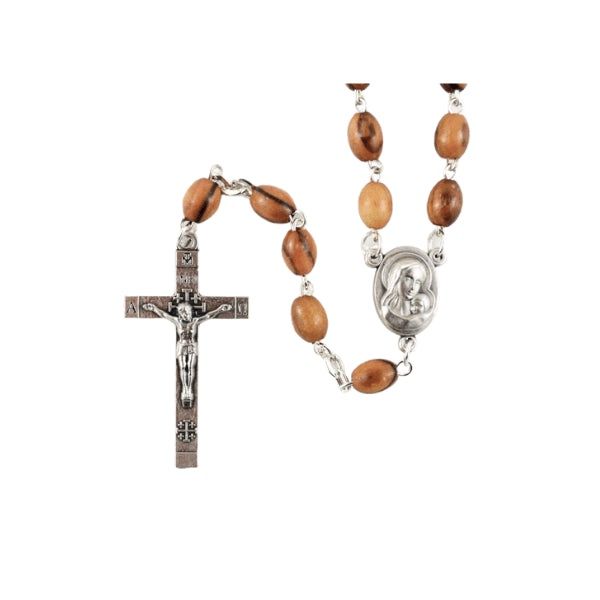 OLIVE WOOD ROSARY/MARY CENTRE/METAL CRUCIFIX/SOIL 4 CM BOXED