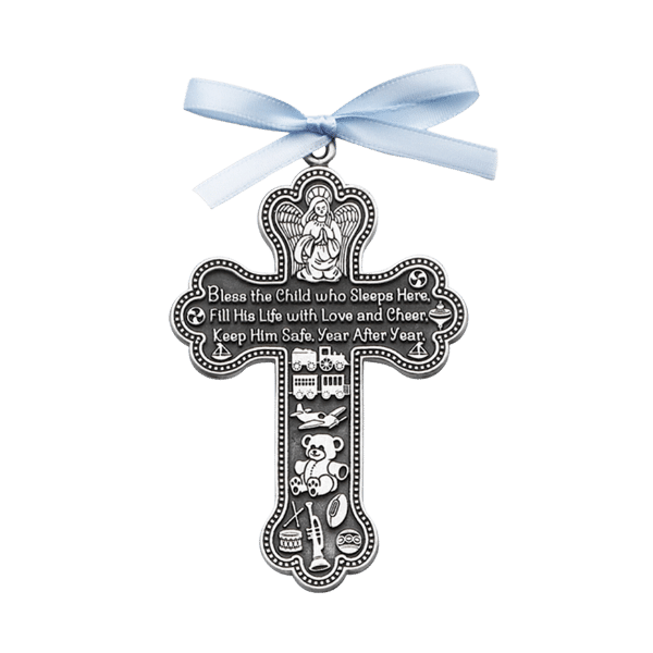 CRIB CROSS WITH BLUE RIBBON - BLESS THIS CHILD
