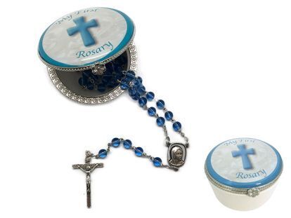 MY FIRST ROSARY GLASS BLUE IN PORCELAIN BOX