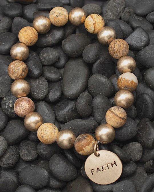 STORY BRACELET: STRETCH, FAITH, SEMI-PRECIOUS STONE BEADS WITH 18K GOLD PLATED CHARM