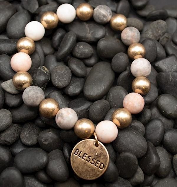 STORY BRACELET: STRETCH, BLESSED, SEMI-PRECIOUS STONE BEADS WITH 18K GOLD PLATED CHARM