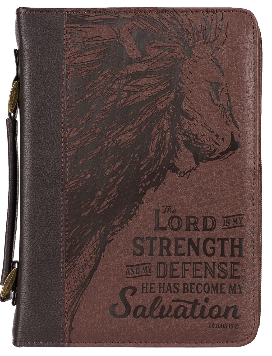 BIBLE COVER LARGE: THE LORD IS MY STRENGTH BROWN (EXODUS 15:2)