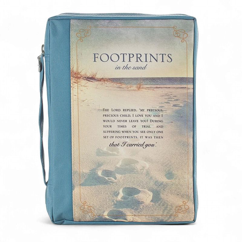 BIBLE COVER EXTRA LARGE: POLYESTER, FOOTPRINTS IN THE SAND, NAVY/PICTURE