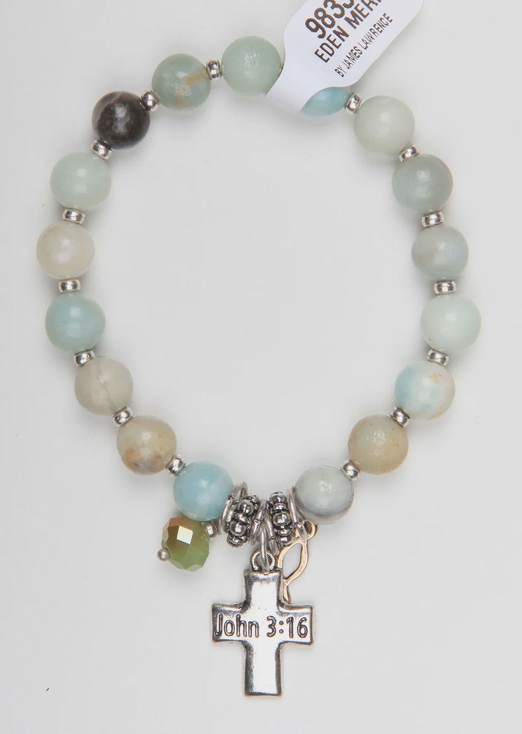 STORY BRACELET: STRETCHABLE, SEMI-PRECIOUS STONES WITH CROSS &amp; ICTHUS 20CM