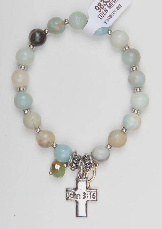 STORY BRACELET: STRETCHABLE, SEMI-PRECIOUS STONES WITH CROSS &amp; ICTHUS 20CM