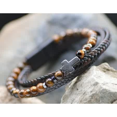 BRACELET JUST FOR HIM CROSS LEATHER BROWN BEADED SEMI PRECIOUS STONES STAINLESS STEEL MAGNETIC CLOSURE