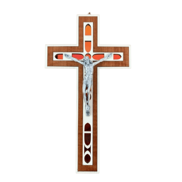 WALL CRUCIFIX WITH GEO DESIGN - 30CM DARK WOOD