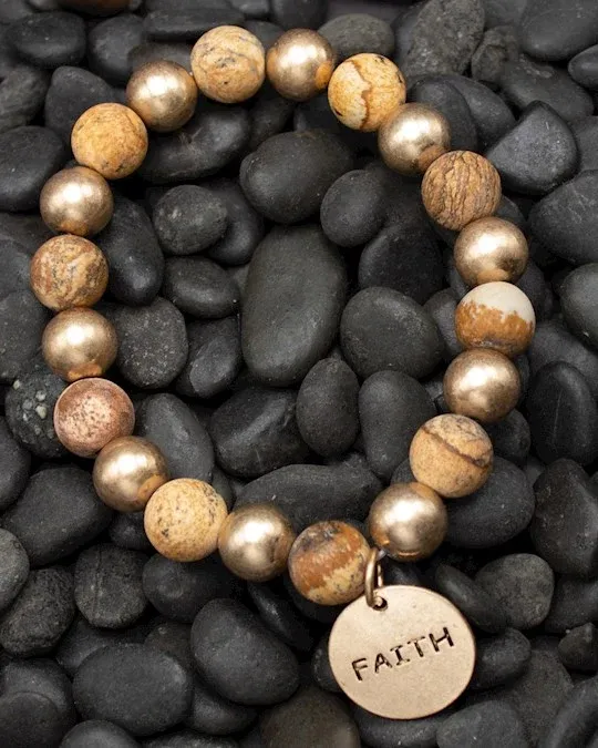 STORY STRETCH BRACELET: FAITH, SEMI-PRECIOUS STONE BEADS WITH 18K GOLD PLATED CHARM