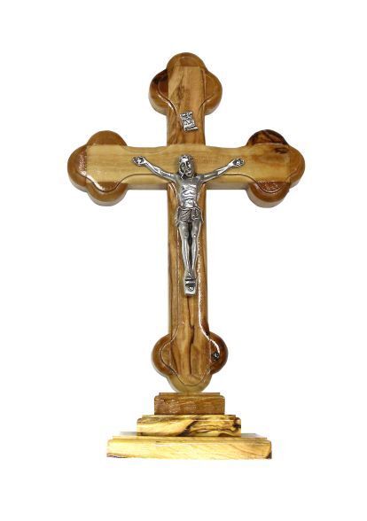 OLIVE WOOD TREFOIL CRUCIFIX ON STAND 12CM