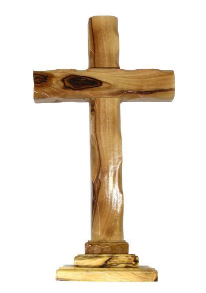 OLIVE WOOD PLAIN CROSS ON STAND 12CM