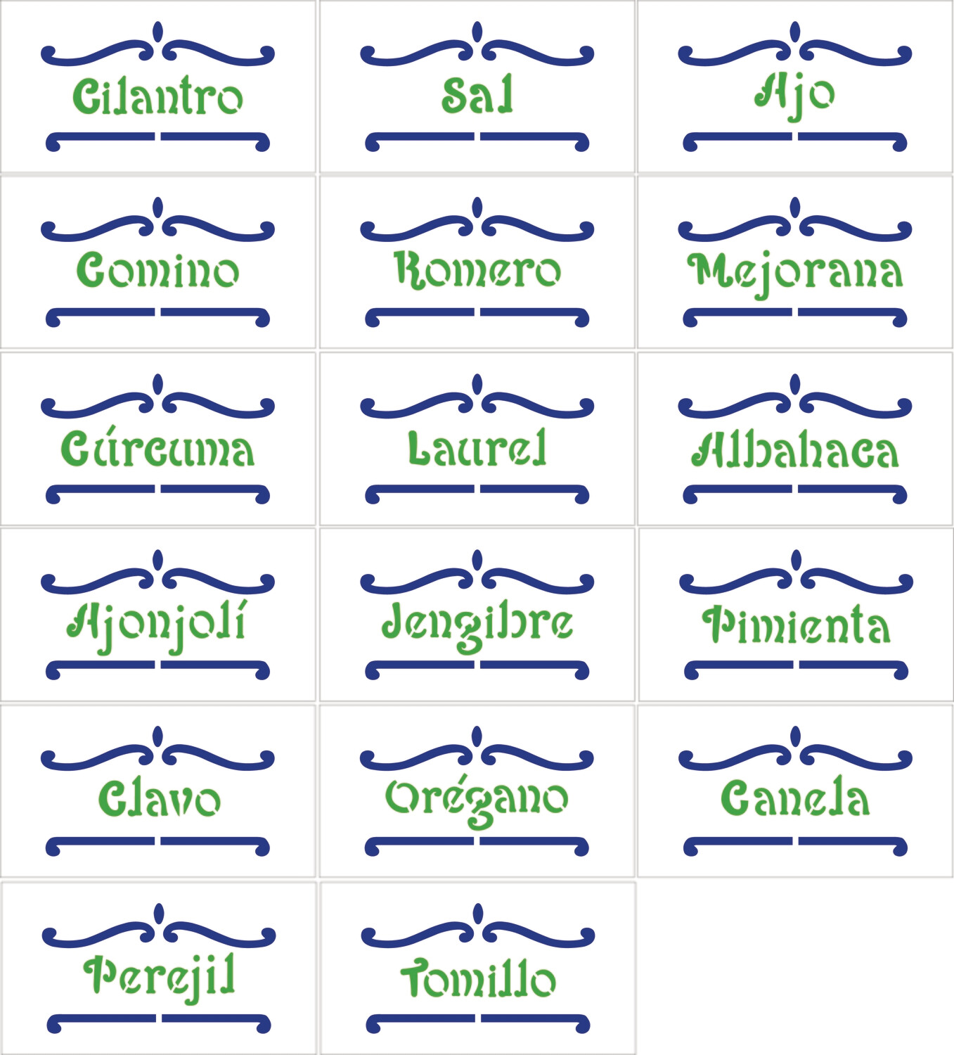Especias, Seleccione Tamaño: 17 Plantillas PLASTICO FLEXIBLE  4.8 x 8.8 cms c/u