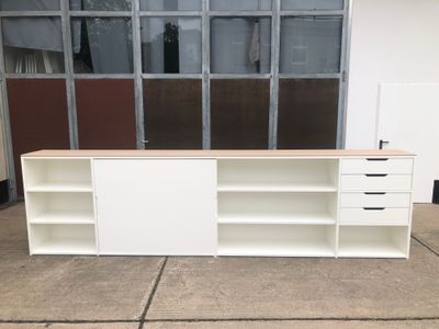 Sideboard Schiebetürschrank Regal Leder Beige Weiß