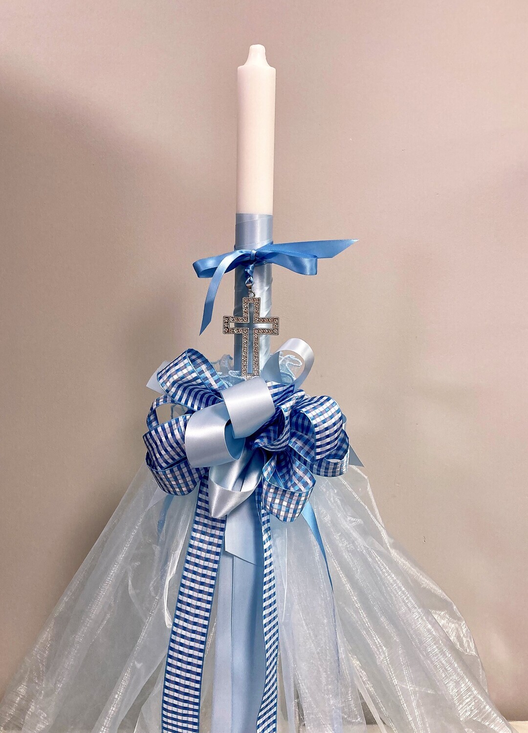 Deluxe Baptismal Candle Lambada Blue Tulle Silver Cross
