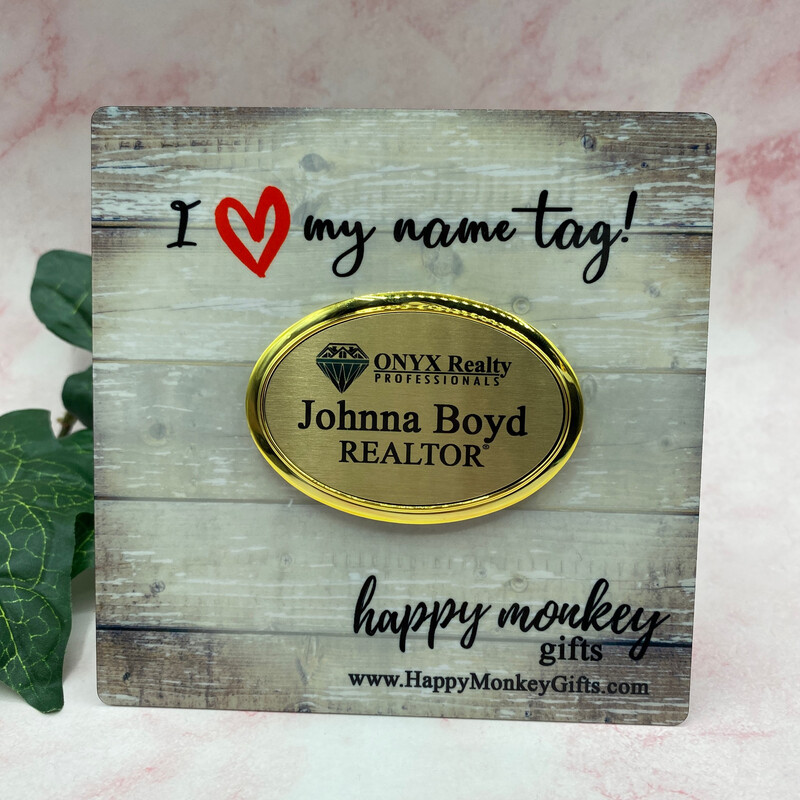 Name Tag - Gold Color Plastic Oval With Magnet - Free Standard Shipping