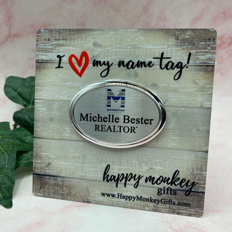 Name Tag - Silver Color Plastic Oval With Magnet - Free Standard Shipping