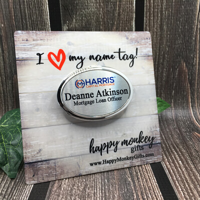 Name Tag - Silver Color Plastic Oval With Magnet - Free Standard Shipping