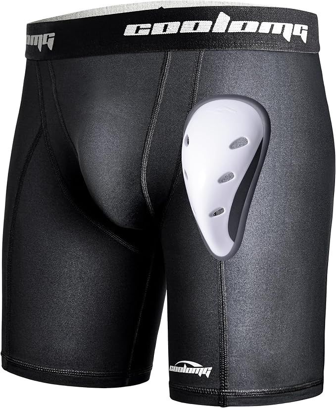 COOLOMG Mens Compression Shorts with Cup, Color: Black/white cup, Size: Small