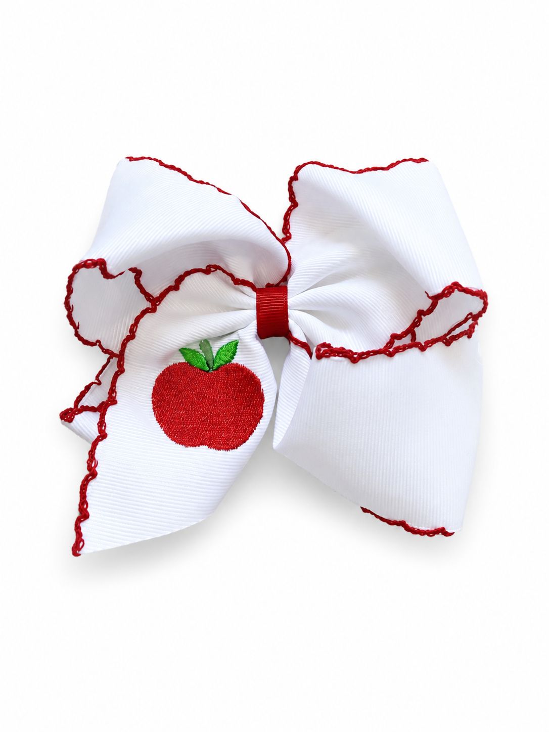 white apple embroidered hair bow