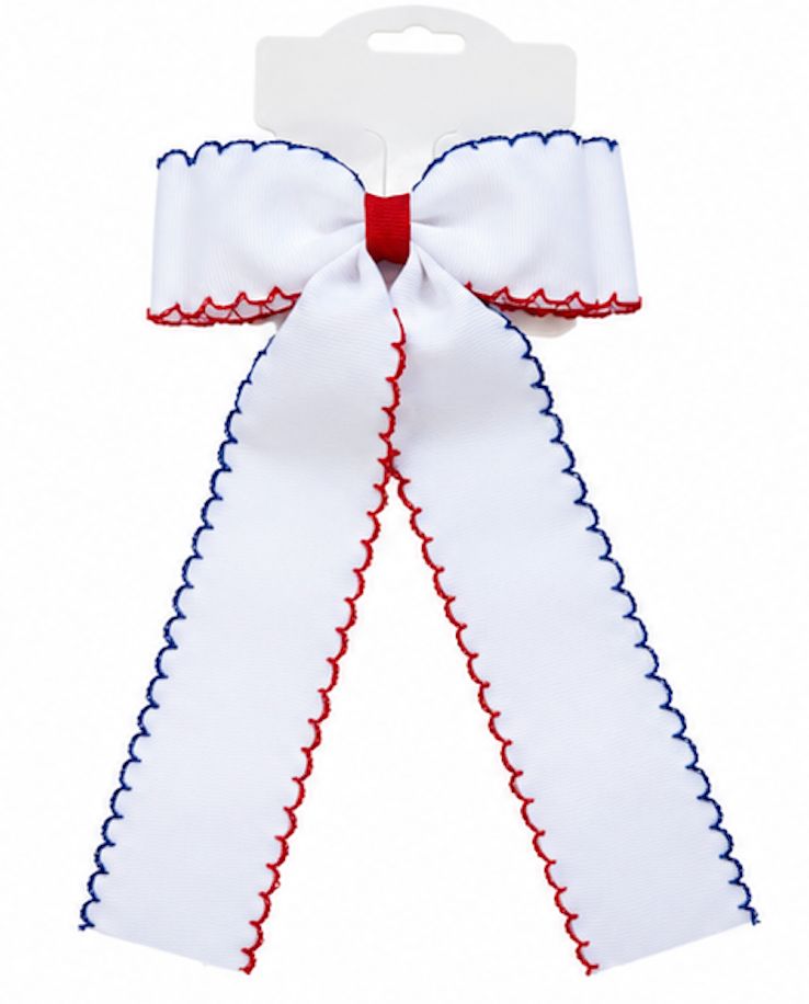 White w/ red and blue moonstitch bow