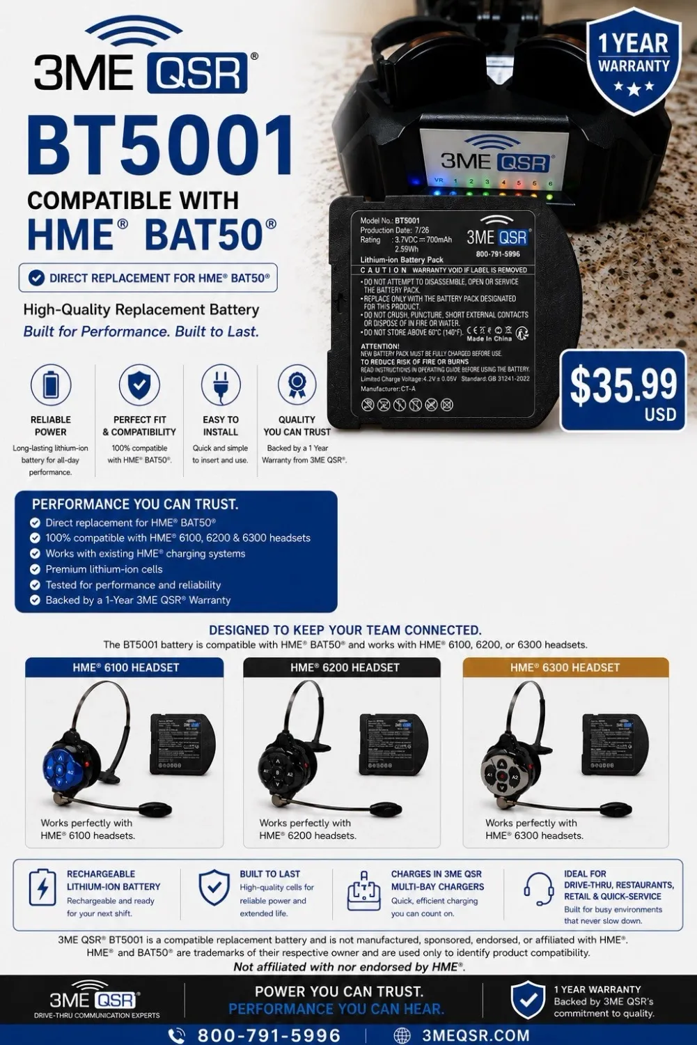 3ME QSR Solutions BT5001 Replacement Battery for HME BAT50