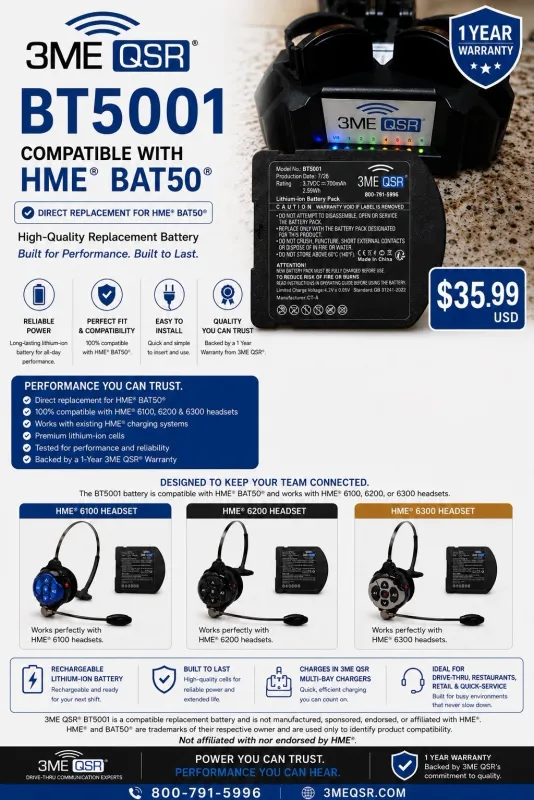 3ME QSR Solutions BT5001 Replacement Battery for HME BAT50