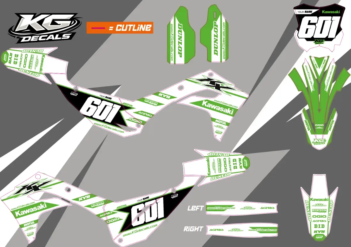 KAWASAKI SEMI CUSTOM BIKE DECALS — GREEN REAPER WHITE/GREEN