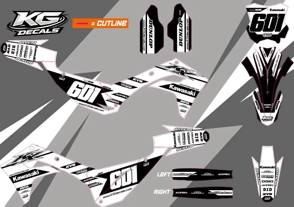 KAWASAKI SEMI CUSTOM BIKE DECALS — GREEN REAPER WHITE/BLACK