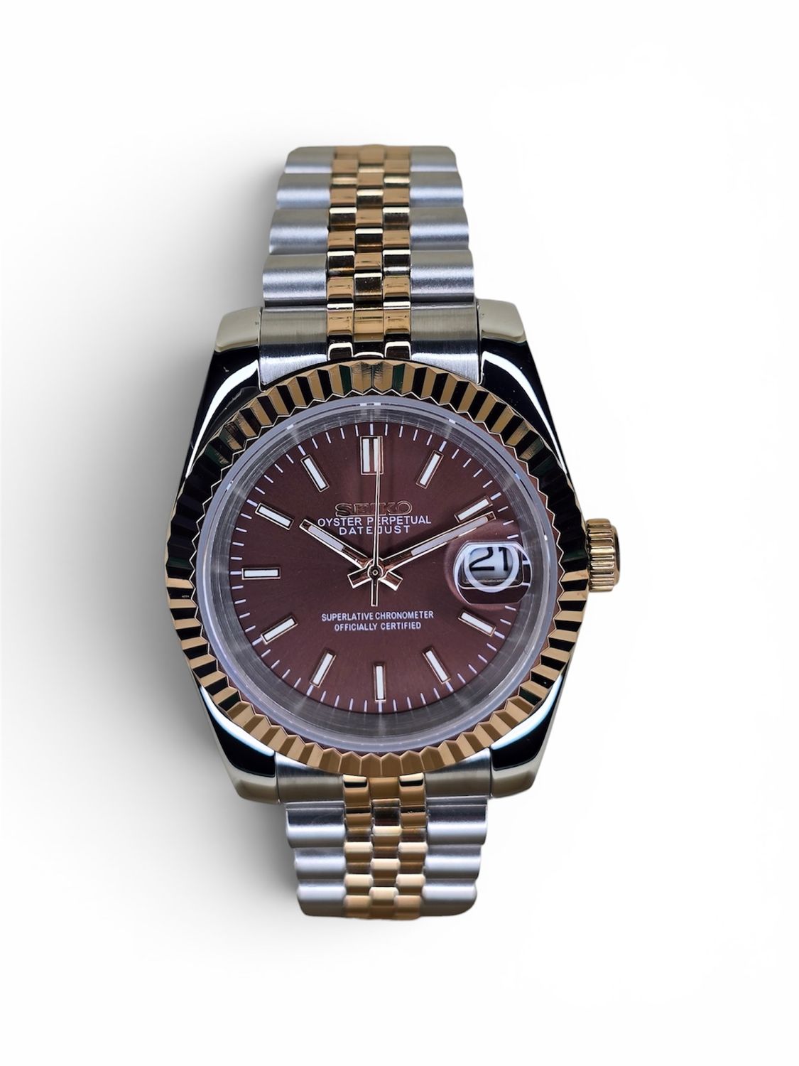 Seiko Mod "Datejust" Inspired 2T Rose Gold Brown Sunburst