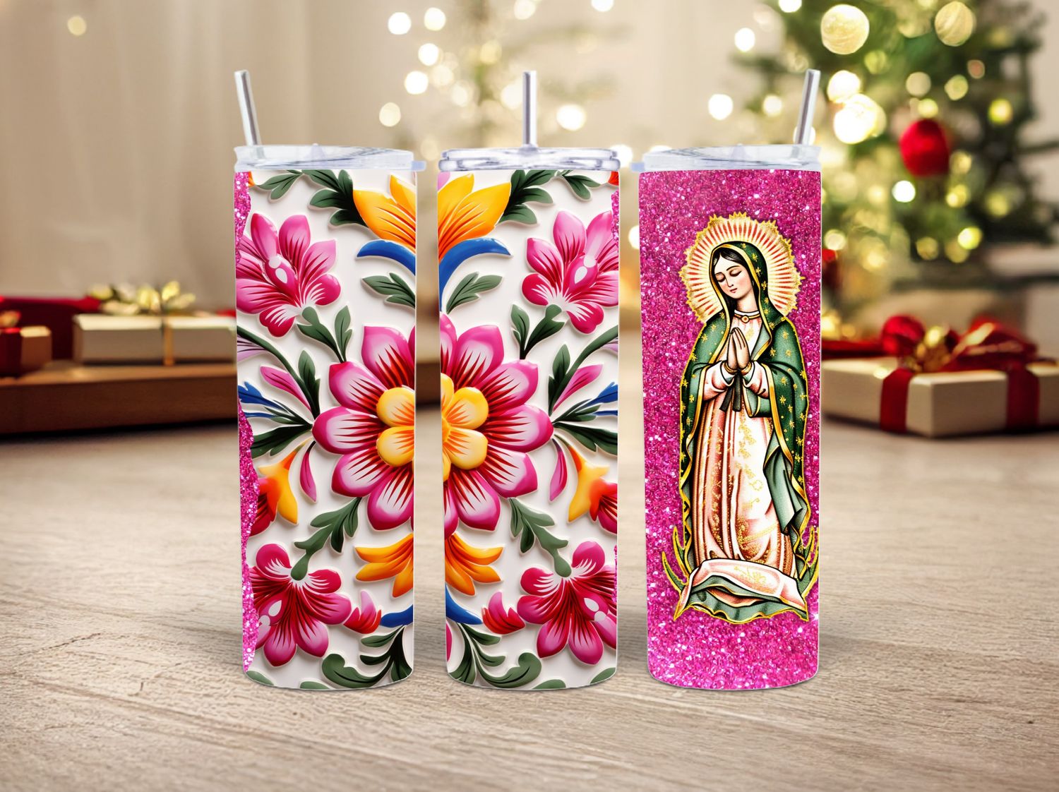 Pink Glitter And Flower 3D Guadalupana