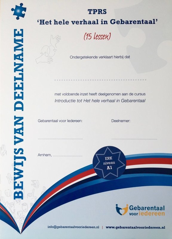 Bewijs van deelname - TPRS &quot;Het hele verhaal in Gebarentaal&quot; - niveau 1
