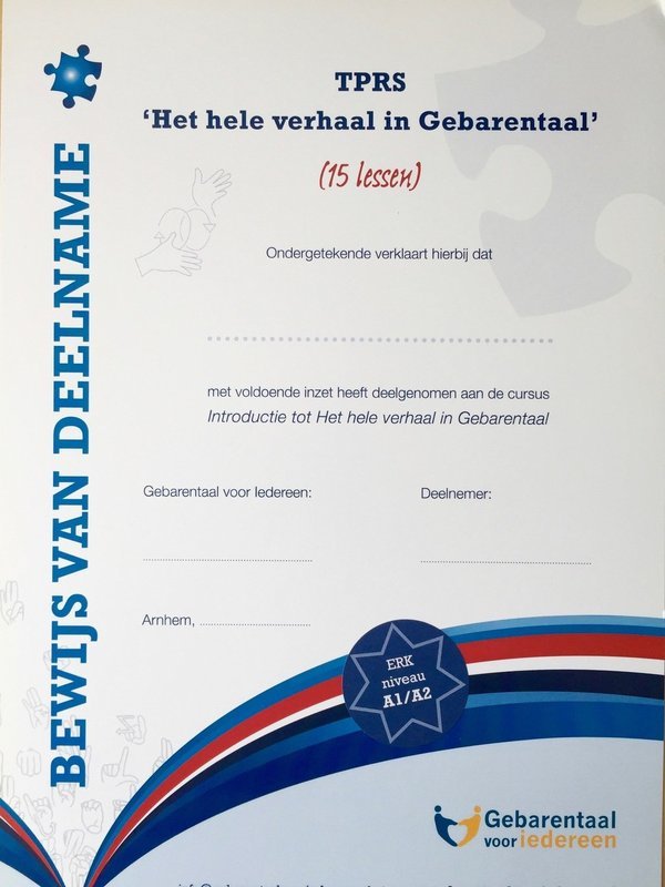 Bewijs van deelname - TPRS &quot;Het hele verhaal in Gebarentaal&quot; Niveau 2